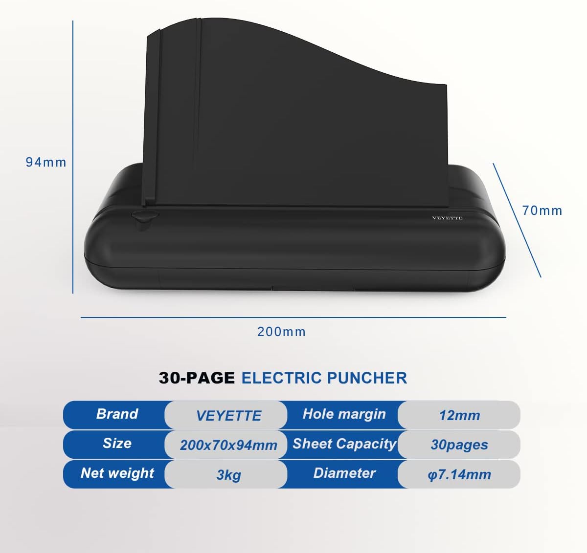 VEYETTE Electric 3-Hole Paper Punch - Heavy Duty Commercial Design, 30 Sheet Capacity, Black