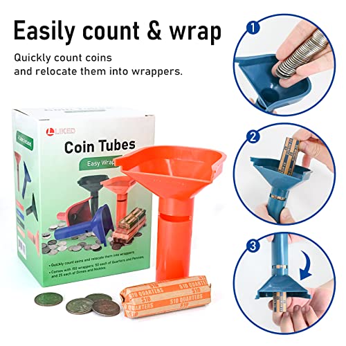 150 Coin Wrappers & 4 Color-Coded Sorting Tubes Set - Easy Load, Variations with 4 Tubes & 150 Wrappers
