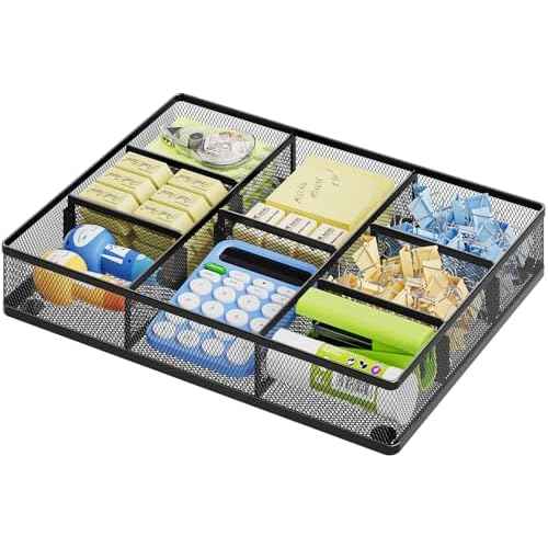 Marbrasse Desk Drawer Organizer, Metal Mesh Drawer Organizer Tray with 5 Adjustable Compartments,Desk Organizers and Accessories for Home,Office,Kitchen,Makeup,Vanity (Black)