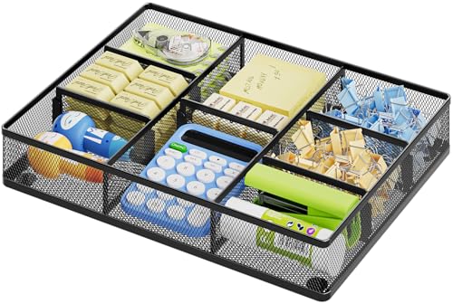 Marbrasse Black Metal Mesh Desk Drawer Organizer with 5 Adjustable Compartments - 12 x 8.5 x 1.8 inches