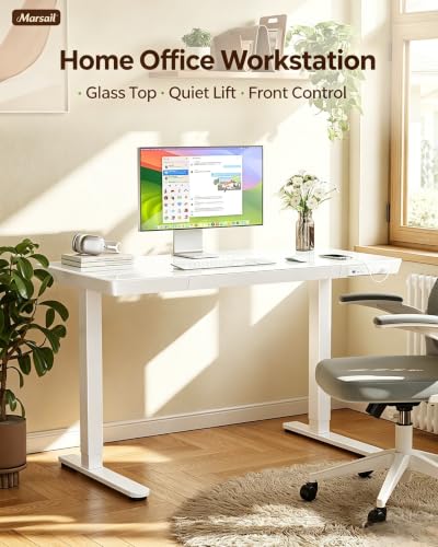 Marsail White Glass Standing Desk 48x24 Inch Electric Sit-Stand Workstation with Drawer & USB Ports