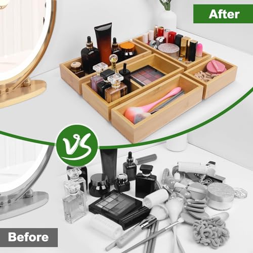 MapleGrace Bamboo Drawer Organizer Set - 5 pcs Natural Wood Storage Bins