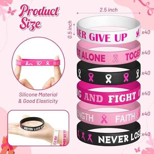 WATINC Breast Cancer Awareness Silicone Bracelets Set - Pink Ribbons Hope Faith Strength Courage Stretch Wristbands, Motivational Rubber Bracelet with Inspirational Messages for Women (240Pcs)