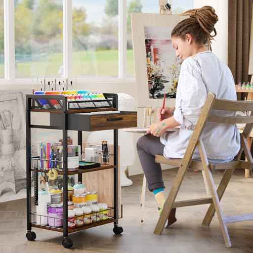 3 Tier Rolling Cart - Metal Utility Cart with Storage Drawer and Wheels, Versatile Art & Craft Organizer for Home, Office, or Studio Ideal for Storing Brushes, Paints, and Supplies Brown