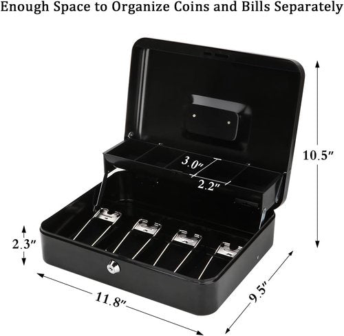 Jssmst Large Cash Box - Secure Money Organizer with Tray & Lock | 11.8" x 9.5" x 3.5", Black