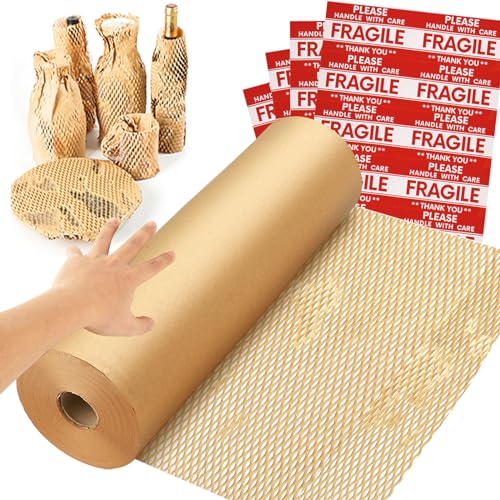 NAPALOOK Honeycomb Packing Paper Wrap 15''x328' Eco-Friendly Cushioning for Moving & Shipping, Includes 48 Fragile Stickers