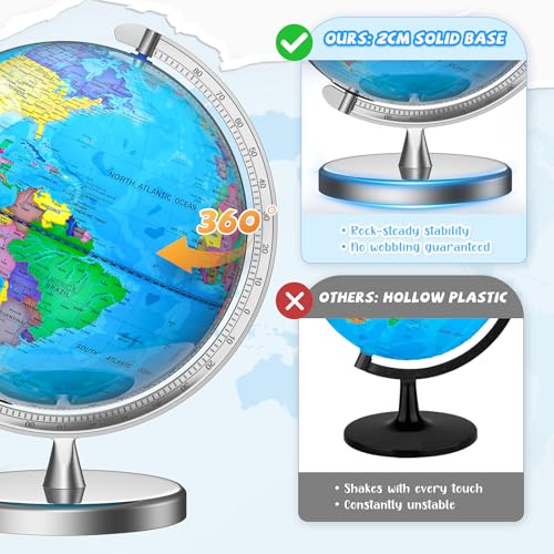 Voxelure 12" Blue Illuminated World Globe with Metal Base - Kids & Adults