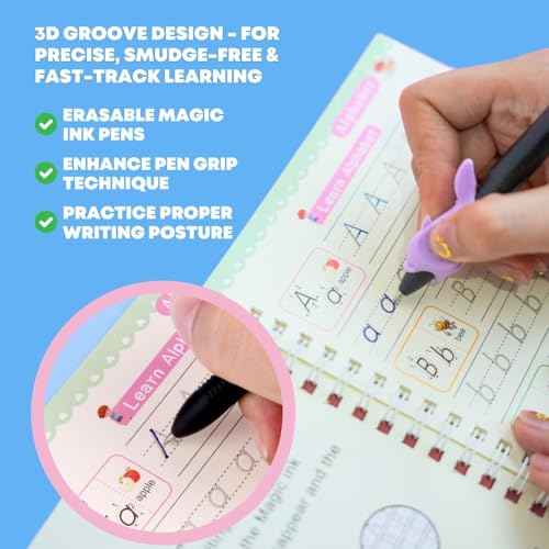 Children's Magic Copybooks - Reusable Grooved Writing Books for Kids - Handwriting Practice Workbooks, Calligraphy Learning Kit & Tracing Tools Set, 4 Books with Pen & Ink Refills (Ages 3-8)