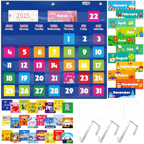 SpriteGru Blue Classroom Calendar Pocket Chart with 76 Cards & 3 Over-Door Hangers - 20x19 Inches