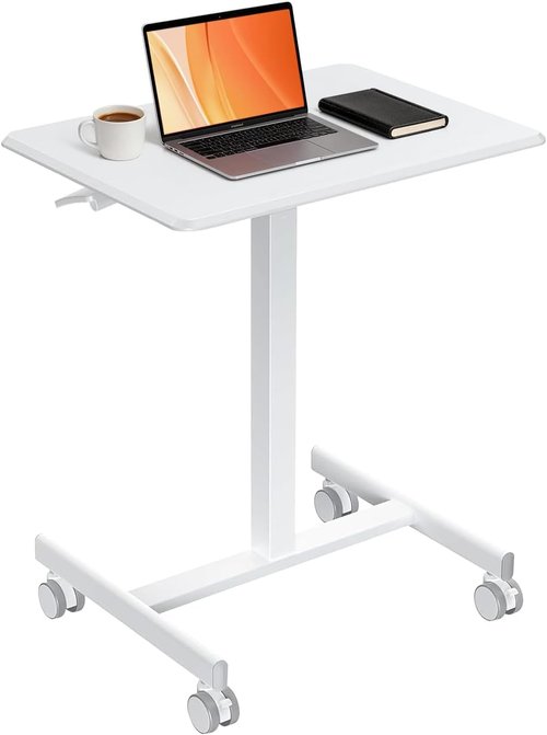 Skiennix Adjustable Height Mobile Standing Desk - Portable Sit-Stand Laptop Table with Lockable Casters | White