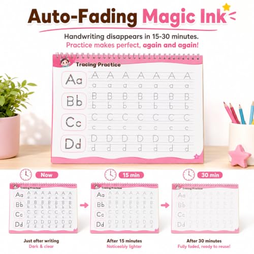 Kids Learning Practice Book Set with Reusable Magic Ink & Grooved Guides