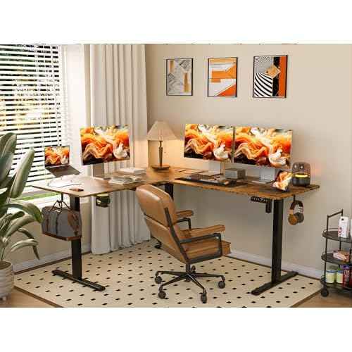 63X55 Inches Reversible L Shaped Standing Desk Height Adjustable with Cup Holder, Electric Corner Computer Desk, Sit Stand up Home Office Desk, Ergonomic Gaming Desk, Rustic Brown