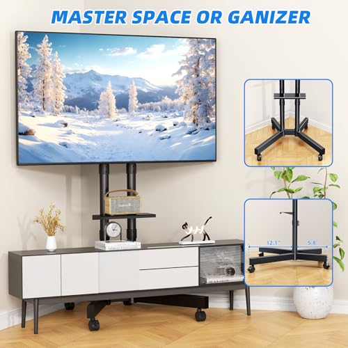 Rolling TV Stand with Laptop Shelf, Mobile TV Stand with Upgraded Wheels for 32-75 Inch TV, Height Adjustable Mobile TV Cart up to 110lbs, for Outdoor, Home, Office (with Shelf)