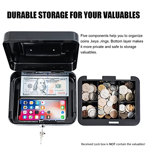 KYODOLED Black Medium Metal Lock Box with 2 Keys - Portable Cash & Medication Safe