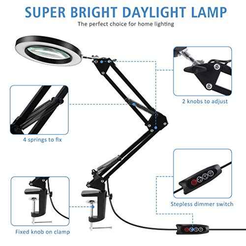 LANCOSC 5X Magnifying Glass with Light and Stand, 3 Color Modes Stepless Dimmable, 8-Diopter Glass Lens, Adjustable Swivel Arm, LED Magnifier Desk Lamp for Close Work, Repair, Crafts, Reading - Black