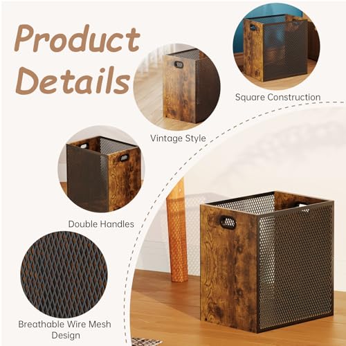 Huxitocan Large Retro Office Trash Can - Iron & Wood Wastebasket with Handle, 4.5 Gallon