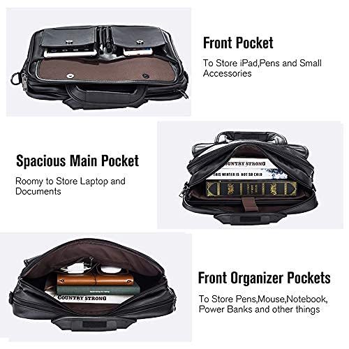 Seyfocnia Men’s Leather Business Briefcase Messenger Bag 17.3" Laptop Black