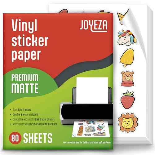JOYEZA Premium Printable Vinyl Sticker Paper for Inkjet Printer - 80 Sheets Matte White Waterproof, Dries Quickly Vivid Colors, Holds Ink Well- Tear Resistant - Inkjet & Laser Printer
