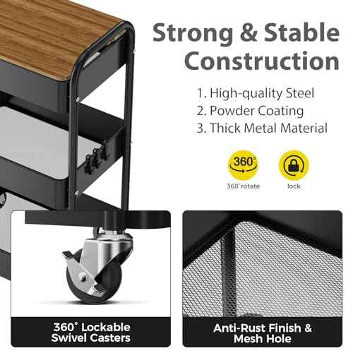 3 Tier Rolling Cart with Table top, Metal Utility Cart, Sturdy Storage Organizer Cart with Locking Wheels & Hooks for Office, Classroom, Kitchen and Bathroom