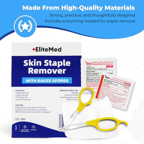 EliteMed Premium Sterile Staple Removal Kit – Includes Remover, PVP & Alcohol Pads, Gauze