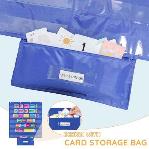 Standard Pocket Chart for Classroom with Zipper Storage Bag 28"x28" Wall Hanging File Display Pocket Chart with 7 Sentence Strips Holder Teacher Essential (Blue)