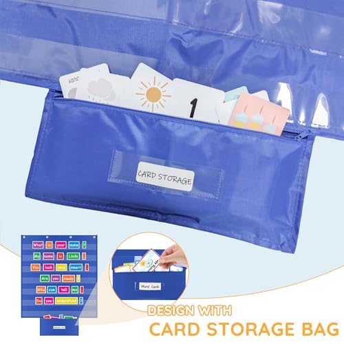 ALSLEA Blue Classroom Pocket Chart 28x28 Inches with Zipper Storage Bag & 7 Sentence Strips Holders