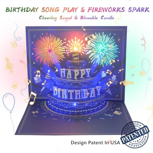 Blue Pop Up Birthday Card with Music, Lights & Fireworks - Unique Gift