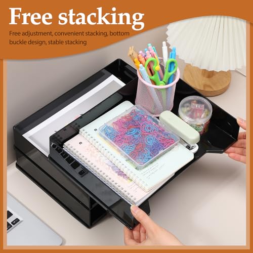 6 Pcs Stackable Letter Tray Rectangular Plastic Desk Organizer 13 x 9.5 x 2.6 in Paper Holder File Tray Accessories Rack for Desktop Office Desk Drawers (Black)
