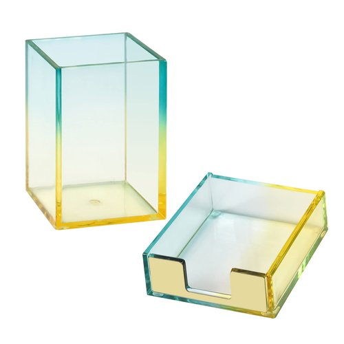 Koqye Acrylic Rose Gold Pen Holder & Memo Pad Sticky Notes Holder - Desk Organizer Set for Office & Home Decor (Yellow & Green)