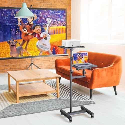 2 Shelves Projector Stand Tripod, Height Adjustable Max 64", Mobile Laptop Cart on Wheels Projector Tripod Stand, Overbed Table with Wheels, Rolling Laptop Floor Stand for Couch
