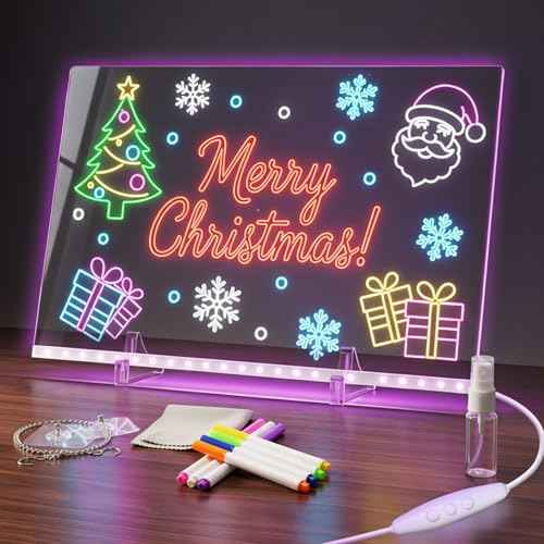 Glow Led Note Board for Kids, 13"x10" Acrylic Drawing Board with 7 Color Modes, Birthday Thanksgiving Christmas Gifts for 5-12 Year Old Girls Holiday Trend Gift, Includes Invisible Stand, Hanging Kit
