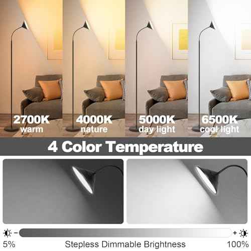 76" LED Floor Lamp, 18W/1800LM Super Bright Reading Standing Lamp,Stepless Dimmable&Adjustable Color Temperature 2700K-6500K w/Remote& Touch Control Lamps for Living Room Bedroom Office Black