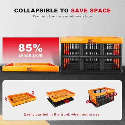 BIG RED Collapsible, Foldable, Stackable Storage Milk Crate Baskets with Handles: Ideal for Organizing Tools, Books, Food, Drinks, Camping & Transport - 45L, Red/Black (3 Pack)