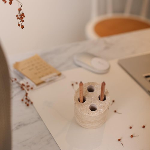 JIMEI True Natural Travertine Marble Rotating Revolver Pen Holder Stand for Desk - Free Spinning Executive Pencil Holder - Cool Gadgets For Desktop Organizer, Birthday Gifts for Men & Women