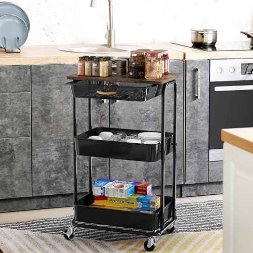 Simple Houseware 2-Tier Rolling Utility Cart with Top Board and Sliding Drawer, Rustic Brown