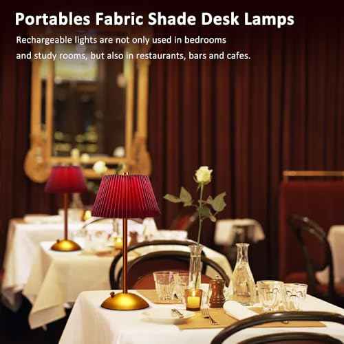 Cordless Metal Desk Lamp,Touch Sensor Control LED Table Lamp,3 Way Dimmable Nightstand Lamp with Fabric Shade Desk Lamp for Living Room (Red)