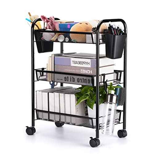 3 Tier All-Metal Rolling Utility Cart with Locking Wheels,Easy-Carry and Assembly Mesh Trolley Cart with 2 Small Baskets and 4 Hooks for Bathroom Kitchen Office Balcony,Slide-Out Narrow Shelf