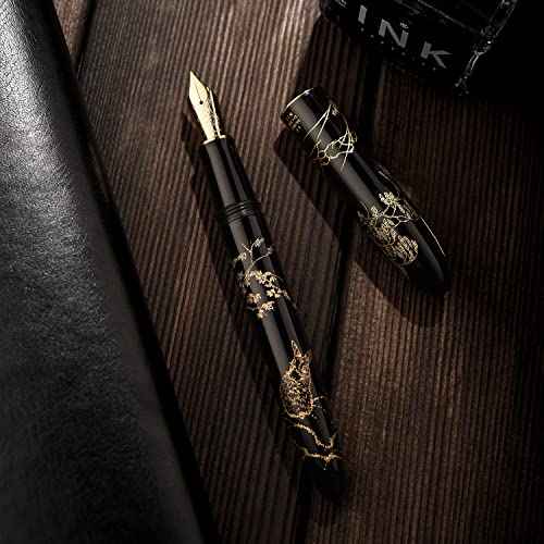 HONG DIAN Hongdian N23 Black Rabbit Fountain Pen, Long Blade Medium Nib Gold Trim, New Year Lucky Rabbit Carving Design, Smooth Writing Pen with Converter and Metal Pen Box Set