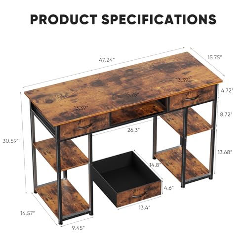 DUMOS 48" Small Computer Home Office Desk for Bedroom with Drawers, Gaming Writing Study Table with Storage Shelf, Adjustable Feet, Metal Frame Rustic Brown
