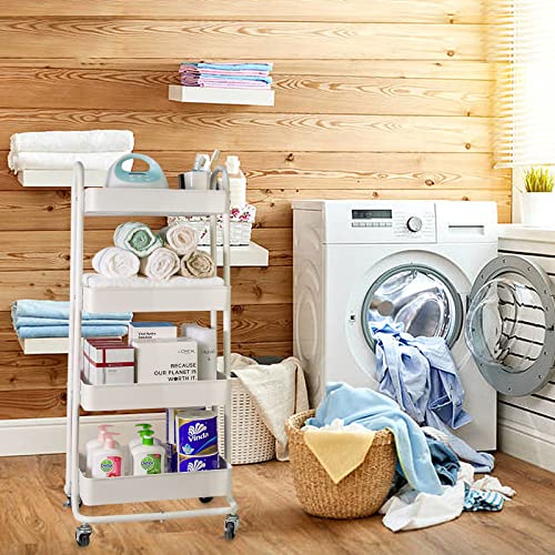 elabo 4-Tier Metal Mesh Utility Rolling Cart, Storage Organizer Trolley Services Cart with Lockable Wheels for Kitchen, Bathroom, Living Room (White)