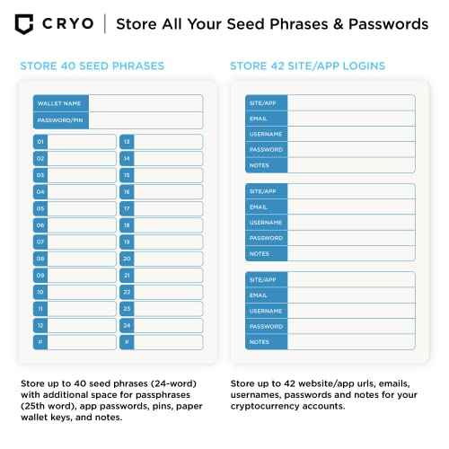 CRYO Crypto Seed Phrase Storage Notebook - Waterproof Bitcoin Recovery Phrase Crypto Password Keeper - 12 to 24 Word Cold Wallet Backup - Mnemonic Passphrase - Pocket Size 2-Pack