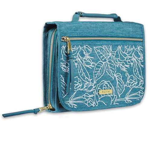 Christian Art Gifts Faith Badge Floral Women's Tri-Fold Organizer Bible Cover Zipper Closure, Teal Canvas, Large