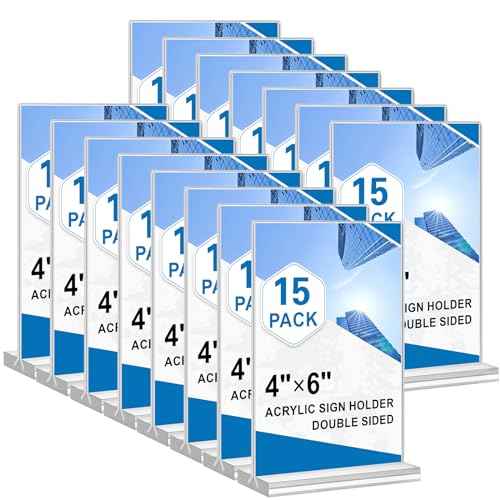 Acrylic Sign Holder 4x6, 15 Pack Clear Double Sided Menu Vertical Display Stand, Desktop Paper Holder Suitable for Restaurants, Office, Store, Show Fair