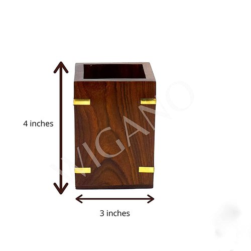 WIGANO 4"inch X3" inch Wooden Square Pen Holder/Pen Pencil Stand Multi Purpose Desk Organizer Rosewood with attractive Brass Work