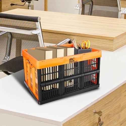BIG RED Collapsible, Foldable, Stackable Storage Milk Crate Baskets with Handles: Ideal for Organizing Tools, Books, Food, Drinks, Camping & Transport - 45L, Red/Black (3 Pack)