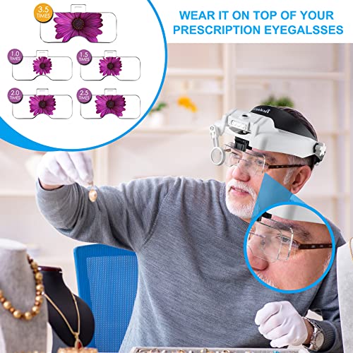 White Rechargeable Headset Magnifier with 14X Lighted Loupe for Jewelry & Crafts