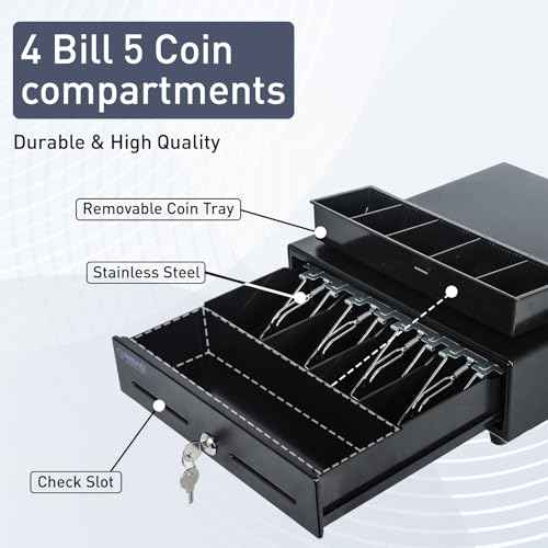 RIBAO 13'' Cash Registers Cash Drawer for Point of Sale(POS) System, 4 Bill 5 Coin with Adjustable Coin Slots, 24V, RJ11/RJ12 Interface 4 Key-Lock