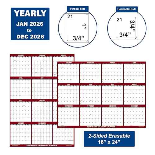 18" x 24" SwiftGlimpse 2026 Wall Calendar Erasable Large Wet & Dry Erase Laminated 12 Month Annual Yearly Wall Planner, Reversible, Horizontal/Vertical, Maroon