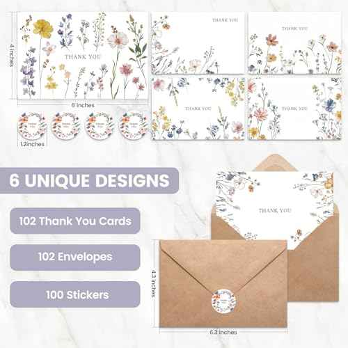 102 PACK Floral Thank You Cards With Envelopes (4"x6") - Wildflower Blank Cards With Adhesive Envelopes & Matching Stickers for Wedding, Bridal Showers, Baby Showers, Birthday, All Occasion