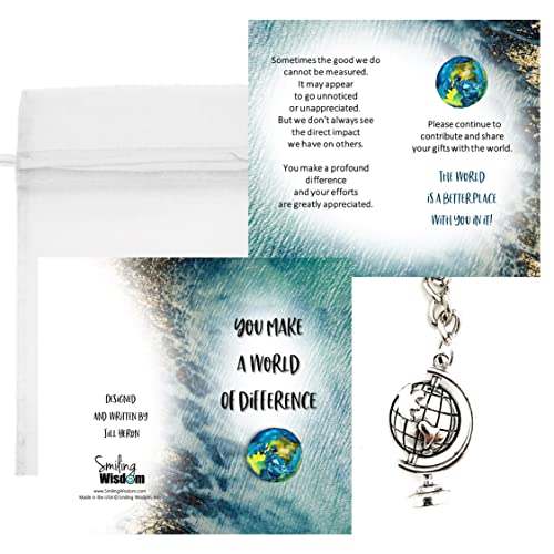 Smiling Wisdom - 20 Bulk Gifts - You Make A World of Difference Appreciation Mini 3.5x2in Cards & Globe Gifts - Men Women Staff Employees Team - 60pcs - Silver Globe Keychains